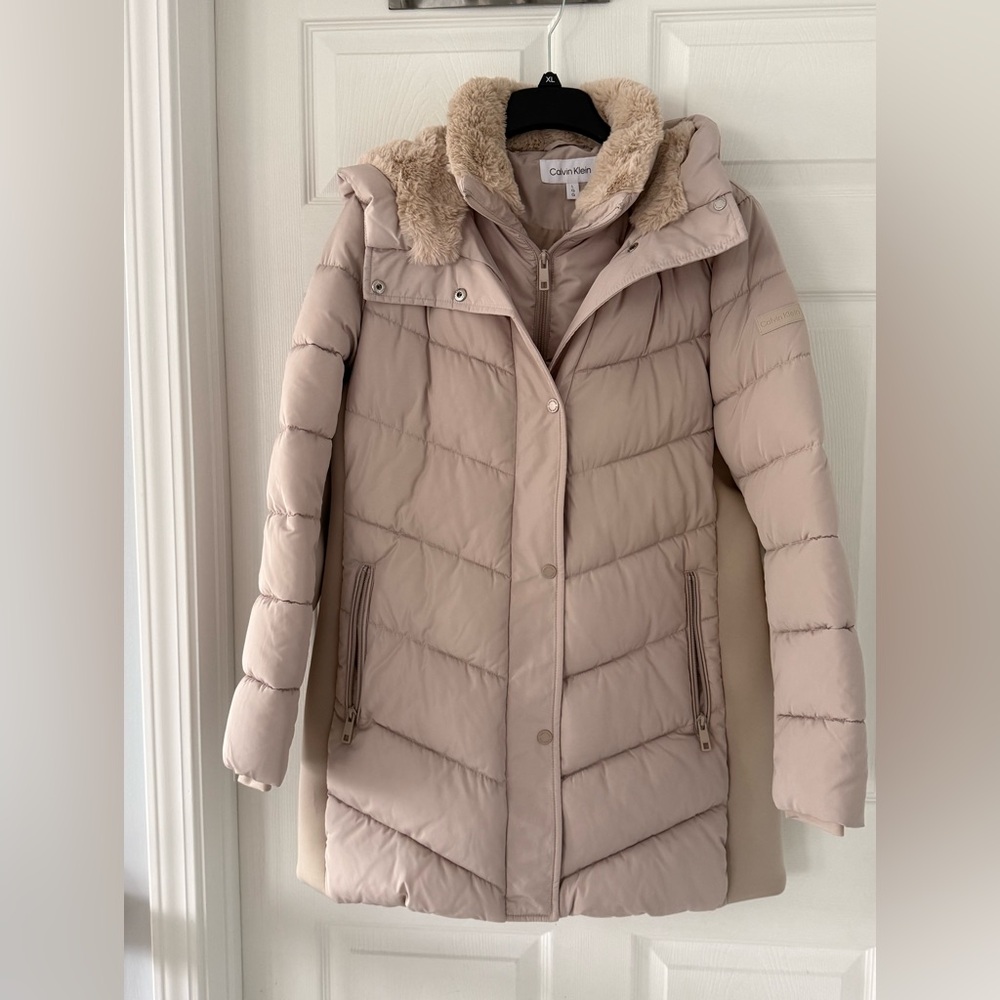 Calvin Klein Women's Tan Puffer Mid Length Coat Sz L